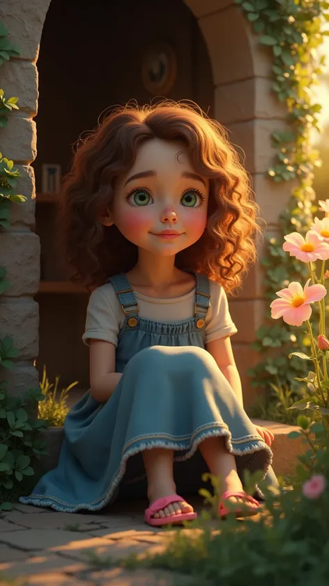 A young girl, around , with curly chestnut hair, bright green eyes, and tan skin, sitting on the steps of a cozy stone cottage. She wears a simple blue dress and looks at the glowing flowers with wonder. Her face is illuminated by the soft golden light of ...