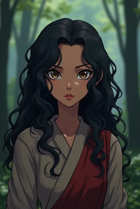  Naruto shippuden-style anime girl with mulatto skin, long curly hair, hazel eyes , Long, black eyelashes,  natural red lips ,  with solitary forest background with neutral face 