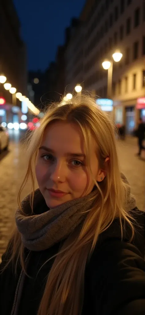 photo of selfie perspective of a blond girl but the face is not in the picture frame, she wears a scarf, her head is tilted to the side, only side of her head form her ear visible, no face in the picture, dark outside environment, city at night, her hair i...