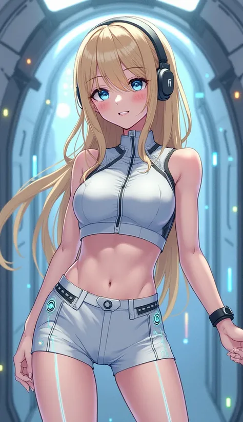 Detailed anime illustration, pixiv style,anime love-live style, zero gravity space. Woman dressed in white spaceship high-tech capsule, cold sleep device. Japanese woman, blonde long hair, blush,shy,wearing futuristic underwear with biosensors and circuit ...