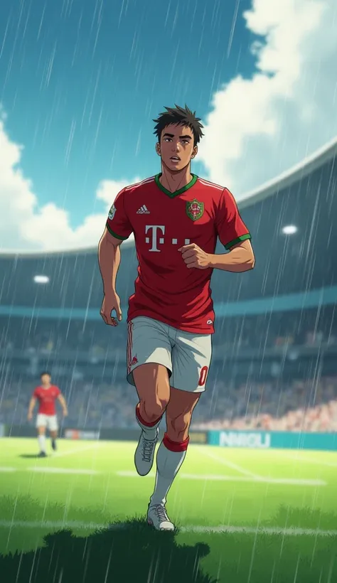 An anime character in the form of a football player running on a field in the middle of rain and beautiful weather. He wears only the red MC Oran Algerian shirt and the muscles and sweat of a clear character 