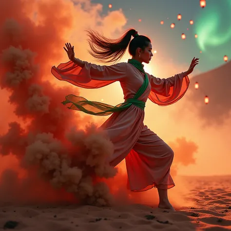 Surrealistic fashion photography image of (((intensely strong hematite sandstorm))) deconstructed into a shape of a beautiful female kung fu dancer with flowing green scarf. Sharp focus, detailed masterpiece. Powerful action shot of sand wave creation with...