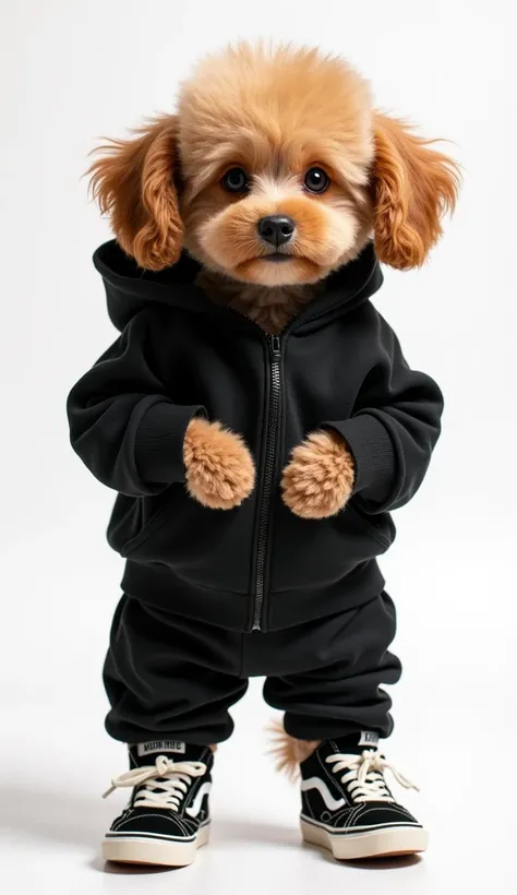 "A small Toy Poodle with curly, fluffy fur, wearing a black hoodie and black pants. The poodle is standing on two legs like a human, with its front paws tucked into the hoodie’s front pocket. On its feet, it’s wearing stylish sneakers, adding to its cute a...