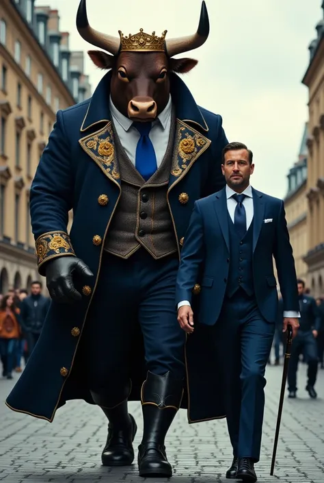 Here’s a modified prompt with different colors:

"A grand urban setting with a historic European-style parliament building in the background. A massive humanoid bull with an imposing muscular frame walks alongside a sharply dressed man in a suit. The bull ...