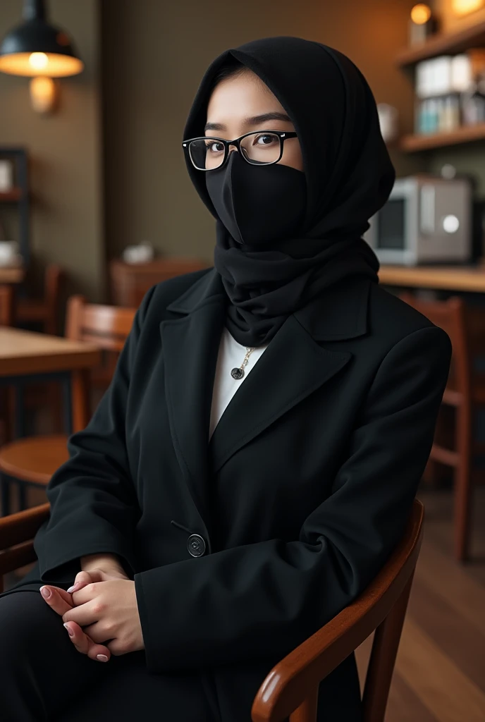 A girl with black glasses with covered hijab with black mask and full black coat with black coat shoes heels sit on chair with style with coffee background mask accurate and visible heels shoes Head covered half blue eyes