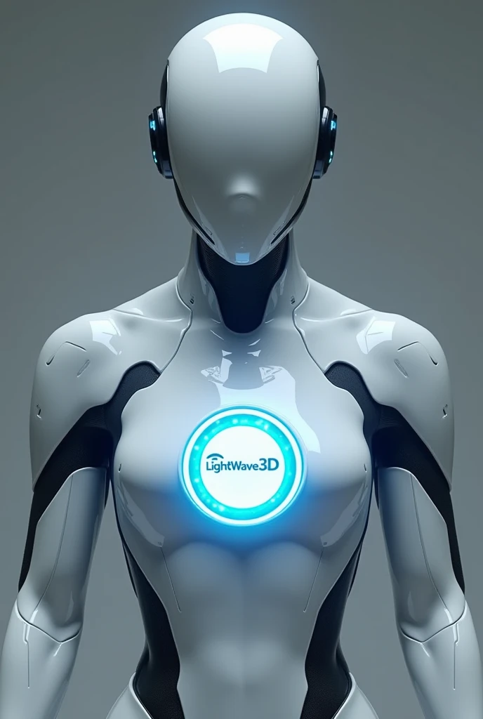 Futuristic character,  with a circle in the center of the chest ,  with a blue LED lighting and LightWave3D logo inside the same circle,  white body with a few touches of black in the crease areas of the body , without eyes, nose and mouth on the face , An...