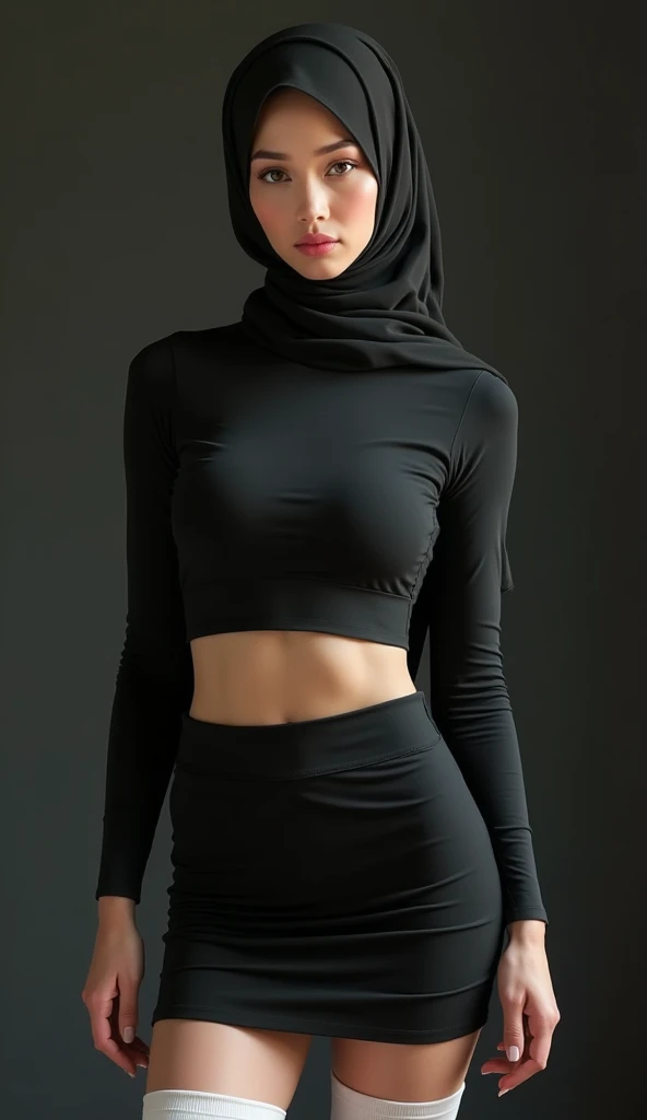 Photorealistic european hijabi woman, 160cm high, ((smooth skin, pale skin)), pink lipstick, brown eyes, long eyelashes, full lips, smokey eyeshadow, wide hips, curved ass, ((wearing tight tudung, tight sleeves, wide black mini skirt, white thighhigh socks...