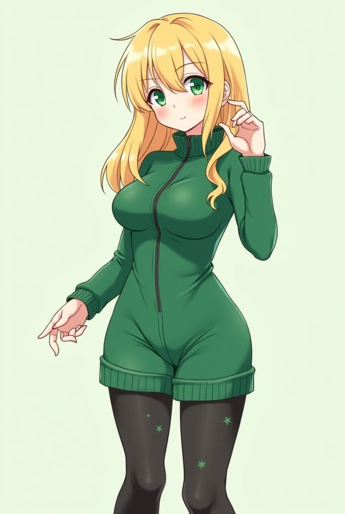  Create an image of a  with blond hair,  a very light and pastel blonde . The are green eyes .  She wears a short jumpsuit and glued ,  the jumpsuit is emerald green , The color of these jumpsuits is very clear.  She wears black tights ,  on the stockings ...