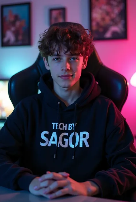 An 18-year-old boy with a front-facing male appearance.   He is a Tik Tok content creator, sitting in his studio with futuristic gadgets, and holding a mic, wearing a black hoodie with TECH BY SAGOR written on it.    He has 2 Tik Tok posters in his room."
...