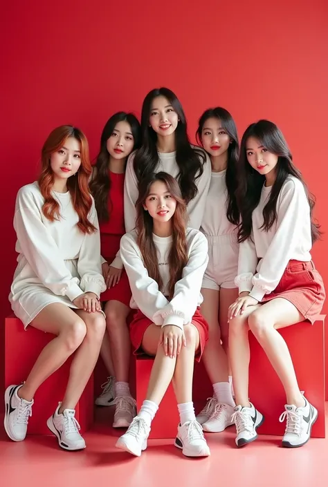 Six girls K-pop idols, Mina with red hair and black eyeyes, Rina with green eyes and long golden brown hair, Jeny with muddy blue eyes and dark brown hair, Hyenji with dark hair, Ari with light pink hair and black eyes, Minji with purple eyes and dark brow...