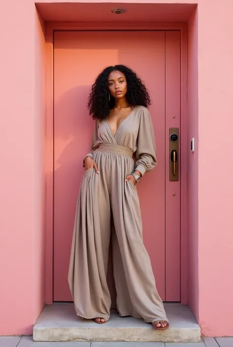 arafed woman standing in front of a door with a pink wall, outfit photo, with fashion clothe, full body!!!!!!, full body picture, full body shot!!, around 20 yo, with clothes on, wearing a designer top, full body!!, wearing!!! clothes!!!, full body!, weari...