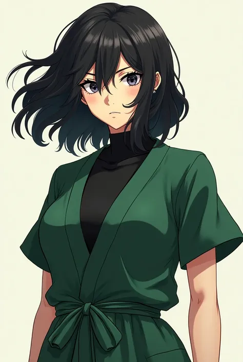  17-year-old anime girl with medium-long wavy black hair, And black eyes, Keikogi clothing by Goku from Fukkatsu no f green and a t-shirt fitted inside a black turtleneck,  has an aggressive personality ,  Athletic physique , Big breasts, has white skin