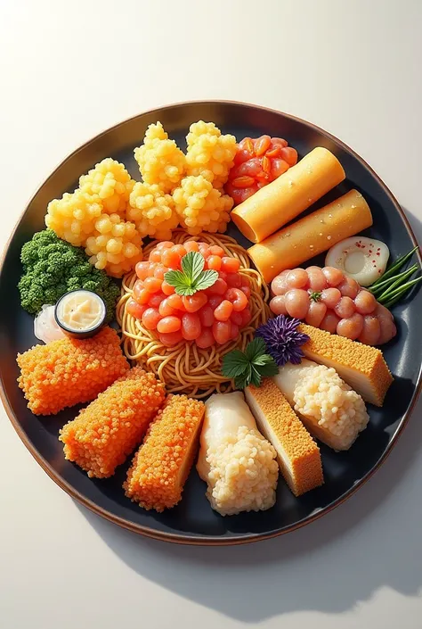 Draw tteokbokki, sundae tempura, fish cake, gimbap, ramen, udon, pork cutlets on one plate