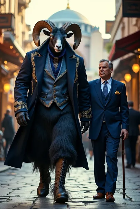 Here’s a modified prompt for the image with a different color scheme and an Istanbul, Turkey setting:

"A powerful humanoid ram with sleek black and silver fur, piercing blue eyes, and massive curled horns walks through the historic streets of Istanbul, Tu...