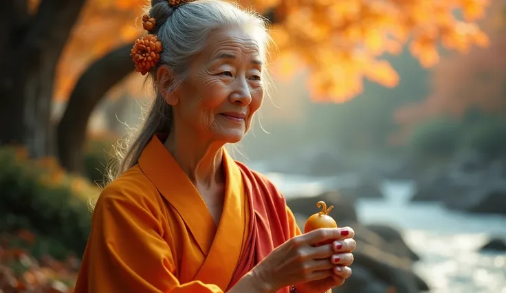 A wise elderly woman with a serene expression, dressed in traditional Buddhist monk robes in shades of orange and red. She has silver-white hair neatly tied up, adorned with delicate floral ornaments. Her eyes reflect wisdom and kindness. She holds a small...