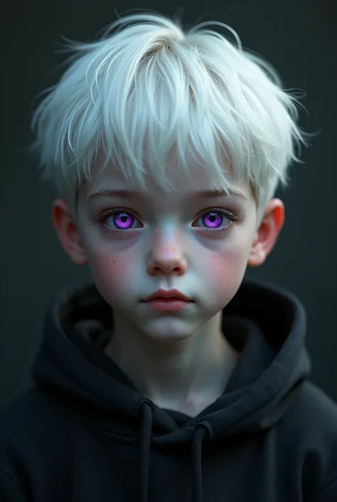 Boy with black sweatshirt and white hair with purple eyes 