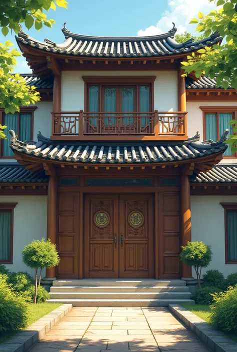 One side room door middle main gate other side another room door, all of these encompasses front side of the house