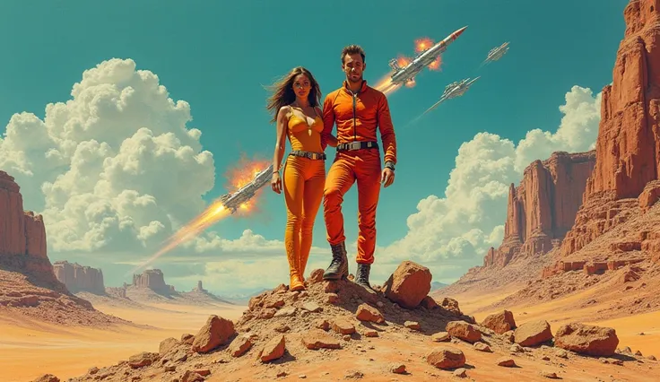 a pretty couple, in colorful futurist suit, rising up from a crashed space ship, in a desert, a space ships war in the sky, sci-fi pulp style from 1960 , color pencils , by Virgil Finlay , colorful.
