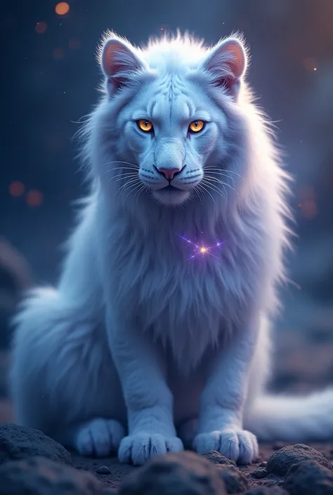 A mystical feline being, majestic and ethereal, blending lion, tiger, and cat features. Large luminous eyes with a wise and mysterious glow. Fur in soft tones like pearly white, light blues, and faint golds, combined with deep shadows in dark purples and b...