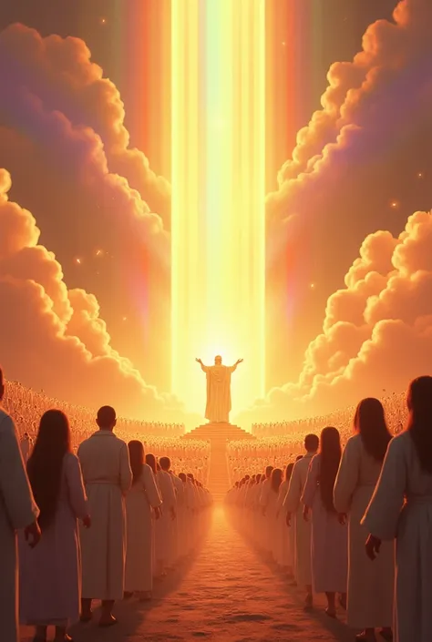 The final scene shows God’s throne shining with divine light, surrounded by a joyful multitude of people in glowing white robes. ren laugh and dance, angels sing with golden harps, and a rainbow of dazzling colors fills the sky. The book of life is opened,...