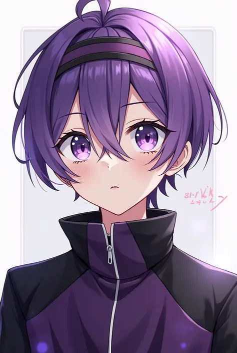 Create an anime boy for stream ,  with short purple hair with a purple headband,  wearing a black and purple jacket ,  with his eyes open and his mouth closed  
