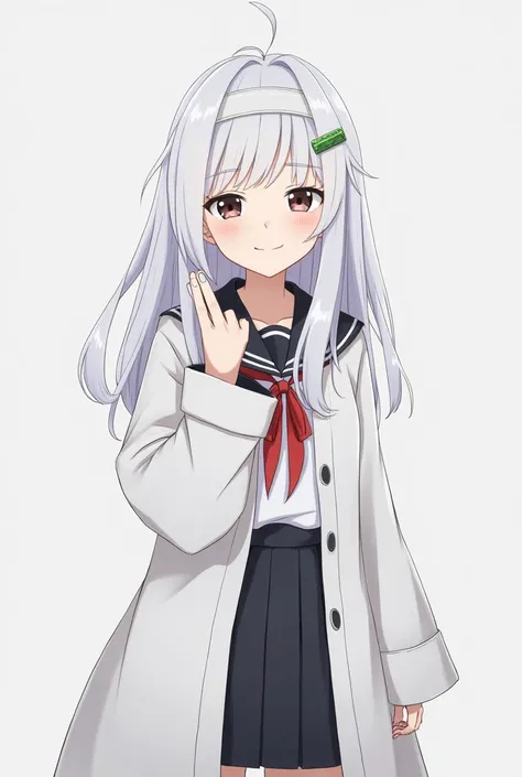 Cute with long white hair ,  He was wearing a study uniform ,  he had a big white robe and dark eyes . Poor body ,  wicked smile,  pill-shaped headband  ,  elementary school-sized body , , Lori,  hands completely covered by sleeves ,  black skirt,  hand co...