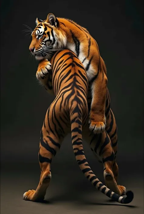 . A large tiger approaches a man behind his back with both legs rejecting his shoulders facial expressions look kalem and dextail its fur realitis accentuates the pattern.Its distinctive tiger background is simple focusing on humans and tigers give an icon...