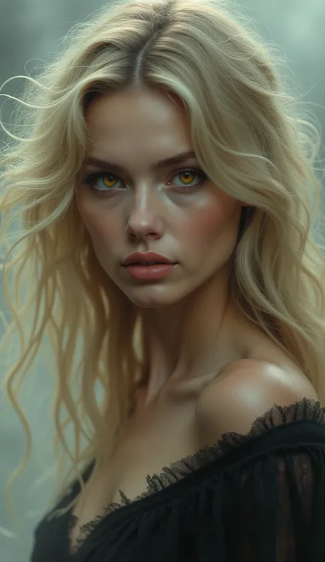 Woman, blonde hair, yellow eyes