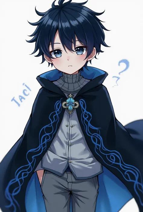 boy, white skin,  grey iron bib,  grey pants, black cloak with blue outlines, black amber hair,  black eyes ,  Anime drawing