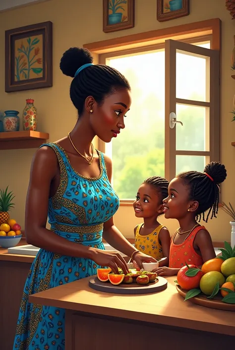 An African woman with short wig and blue african clothing  cooking in the kitchen and two african girls eatig fruits and talking sitted in the kitchen 