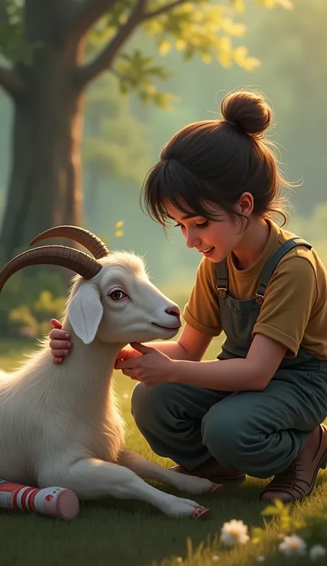 Realistic image of a farm or forest setting, where a farmer or animal rescuer is gently helping an injured goat named Moti. The goat is lying down, with a visible injury on one of its legs. The rescuer, a kind-hearted person with experience in animal care,...