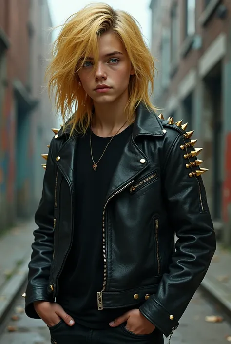 Sixteen year old boy with long blonde hair wearing a black shirt with a leather spiked jacket 