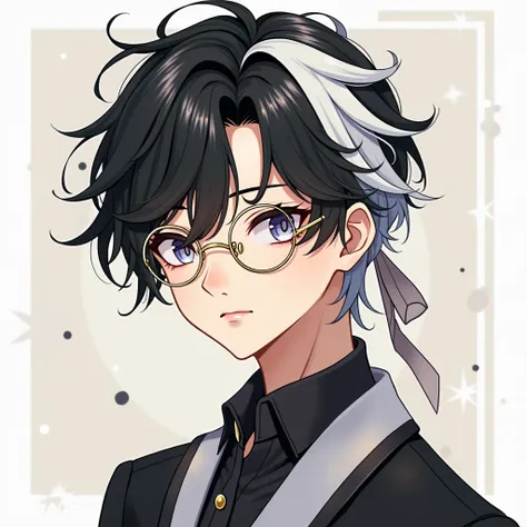 Anime boy with black and white hair with gold glasses and who has a ribbon in his hair 