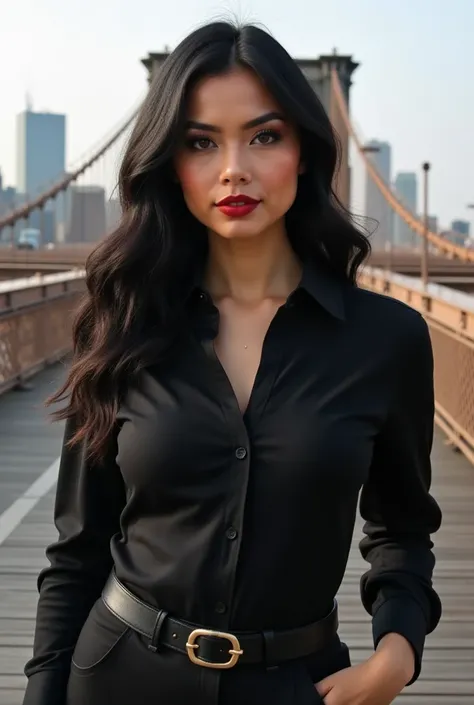 An attractive sexy woman, white skin,  light brown eyes ,   arched eyebrows , red lipstick,  long wavy black hair , beautiful and silky and voluminous hair,  hourglass-shaped body,  Big breasts,  round buttocks , Wearing a black long-sleeved shirt, Some vi...