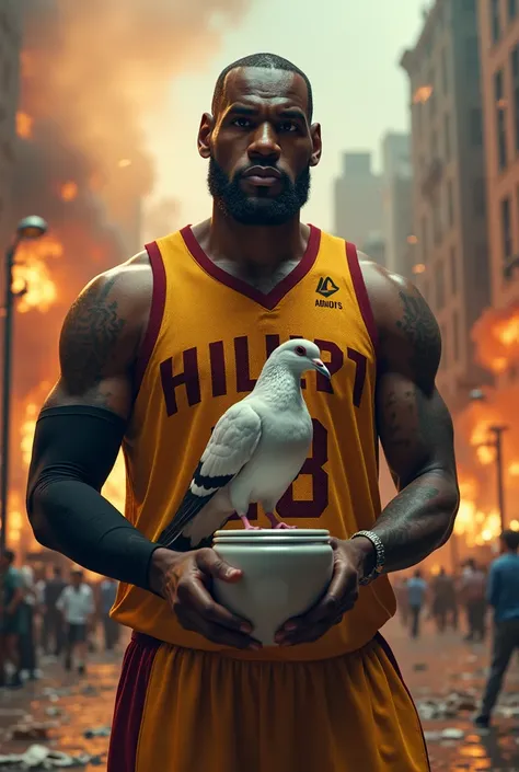 Leabron James holding a pigeon that is sitting on a mini toilet and there is an exploding city background 