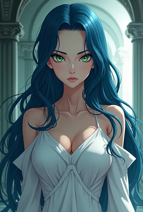 Anime: serious green-eyed woman with very feminine features with very long blue hair similar to Hades, dressed in a white dress But something sexy 