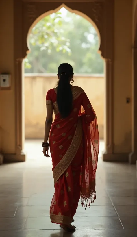 Girl wearing saree going towards washroom. Real photo 