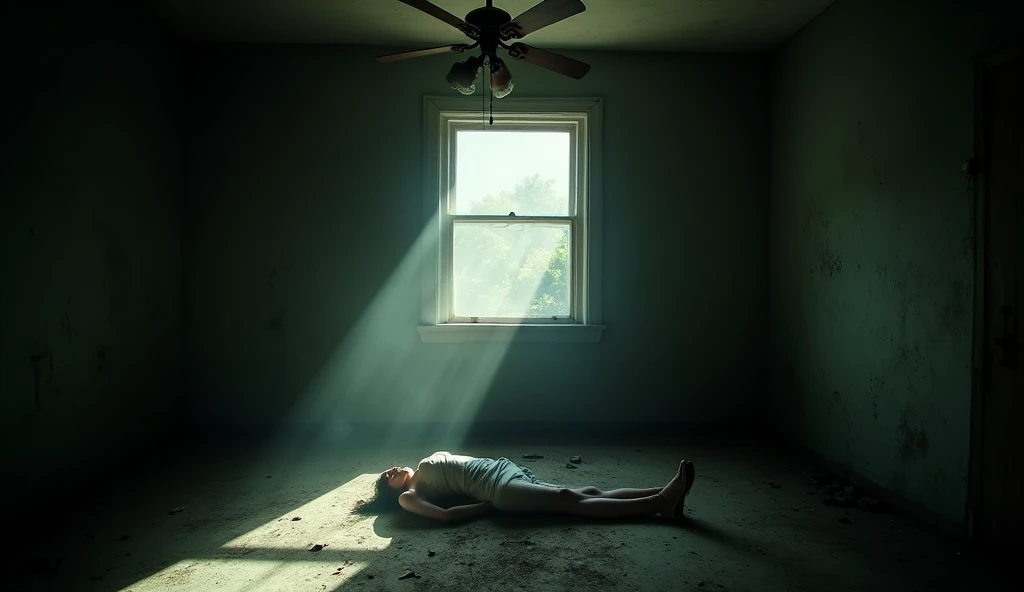 "A dimly lit room with an old ceiling fan hanging above. Below the fan, the lifeless body of a woman rests on the floor. The atmosphere is eerie, with scattered objects around, suggesting a story of tragedy. Shadows cast by the fan blades create a dramatic...