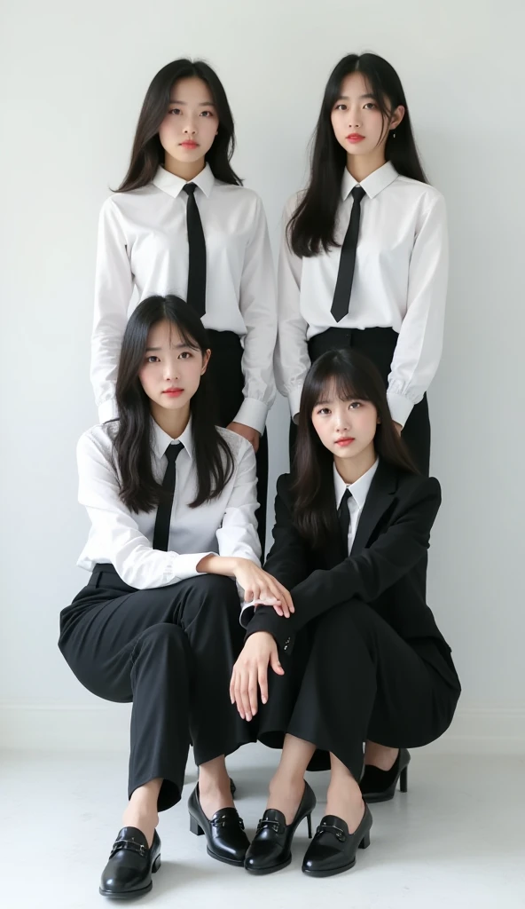 4 Beautiful Korean Chicks,  white, photoshoot,  two korean girls standing, two chicks sitting, white shirt shirt outer black suit ,  black material pants , black tie,  black straight hair , black fantofel shoes