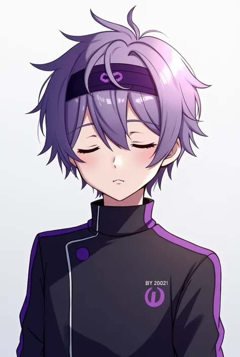 Create an anime boy for stream ,  with short purple hair with a purple headband,  wearing a black and purple jacket ,  with eyes closed and mouth closed ,  looking forward  