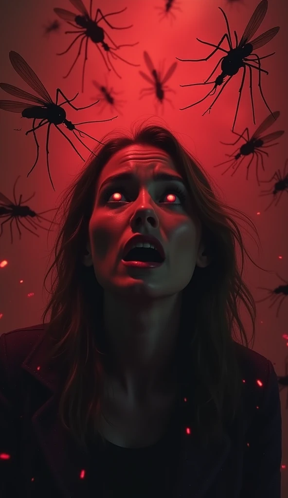 " An intense and dramatic scene depicting a terrified person,  surrounded by huge bloodthirsty mosquitoes .  The background must be dark and menacing ,  with an ominous red glow ,  as if representing blood calling mosquitoes .  The person's face must conve...