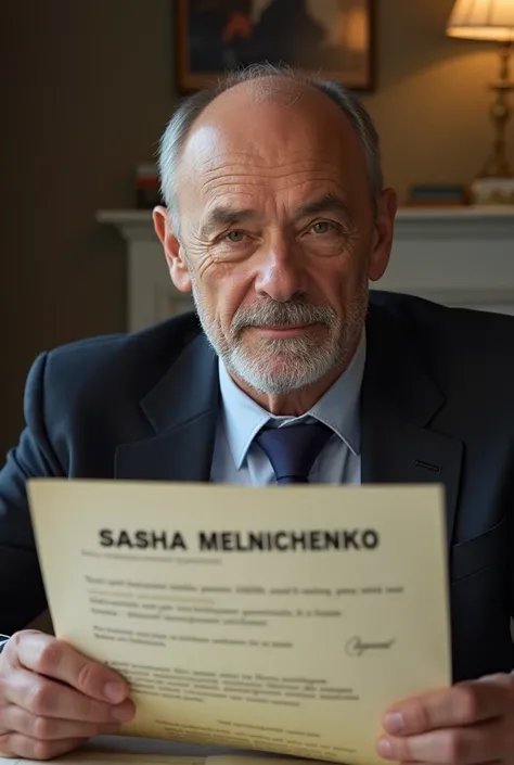 Photo directeur de banque chauve âgé d’environ 60 ans assis dans son bureau avec un document sur lequel est écrit SASHA MELNICHENKO en haut. Et d’autre texte en bas puis signature et tampon. Que l’arrière plan de la photo de sois pas flouter, réduit la qua...