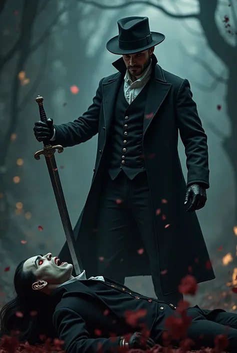 Handsome Victorian hunter dressed in a suit sticking a sword into a vampire at night