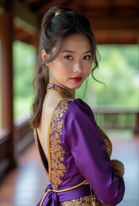 A beautiful 20-year-old Thai woman with brown hair tied up with grey highlights, red lips, looking at the camera, wearing a traditional Thai purple and gold dress called 'Thai Boromphiman'. The costume is luxurious and detailed with a silk sash and intrica...