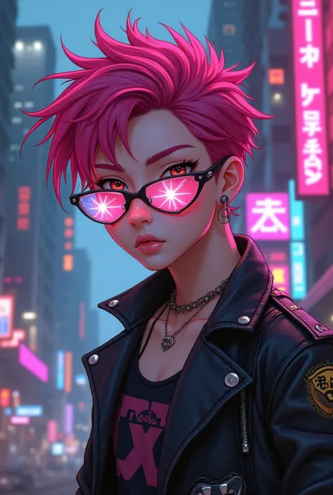 Anime fashion punk pink boy. Has star like sunglasses 