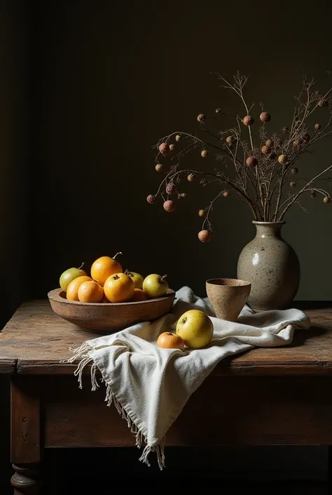 Dans l’ombre tamisée d’un intérieur médiéval, cette nature morte capte un instant figé dans le temps, où les objets du quotidien deviennent des témoins silencieux d’une époque révolue. Une table de bois massif accueille un festin oublié : fruits mûrs dans ...