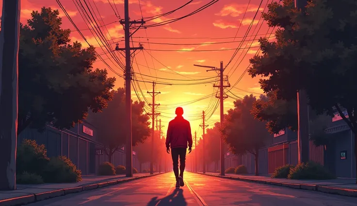 a man walking down a street at sunset with a red jacket, an anime drawing by Alena Aenami, trending on cg society, serial art, 4k anime wallpaper, anime wallpaper 4k, anime wallpaper 4 k, anime aesthetic, anime style 4 k, anime asthetic, makoto shinkai cyr...