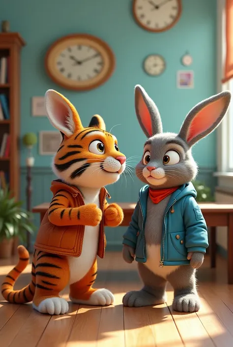 See for me a high resolution 3D Pixar art scenario deciphering words can be a very clear scenario with several words scrambled up
In this scenario, there is a tiger and an estap rabbit dressed as students.