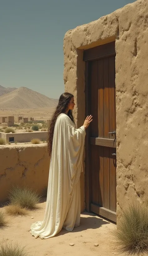 Create a woman,  dressed in biblical times-style robes, knocking and knocking with closed hands on a closed door. In a biblical times-style landscape.