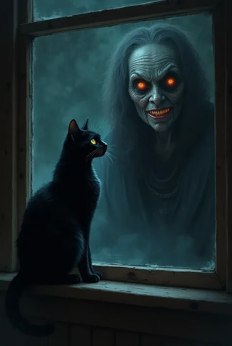 A black  looking out a window inside a wooden house at night, And on the other side of the window , a wrinkled old woman with a dark appearance smiling at the , paranormal